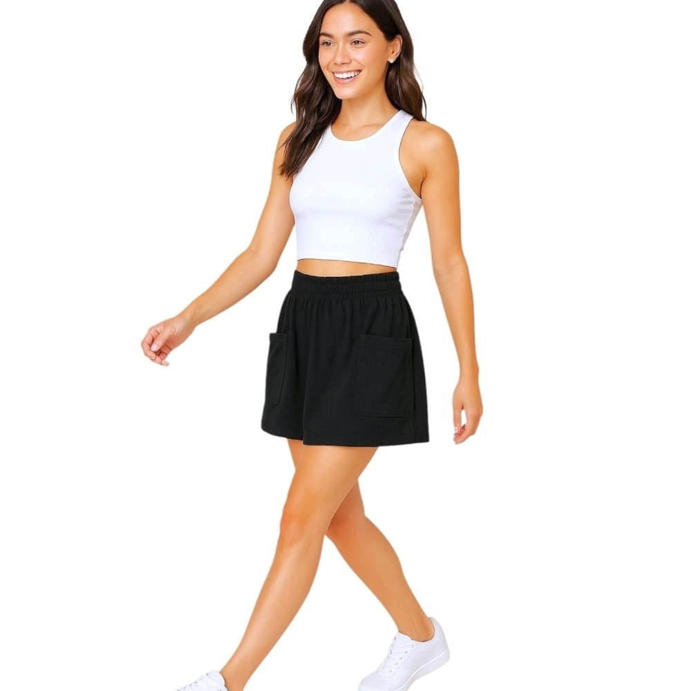 Black Mini Skirt M Cotton Blend A-Line Casual Elastic Waist Pockets Granola Girl